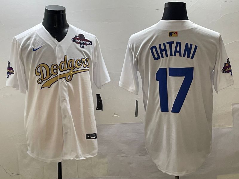 Men Los Angeles Dodgers #17 Ohtani White Champion gold character 2025 Nike MLB Jersey style 33111